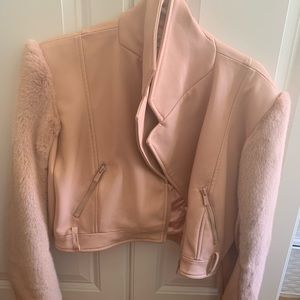 HOUSE OF CB Nali pale pink cropped biker jacket with faux fur sleeves